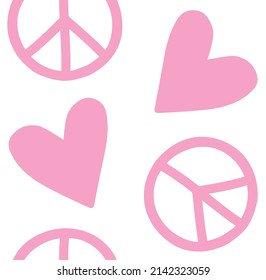 Vector seamless pattern of pink hand drawn peace signs and hearts isolated on white background