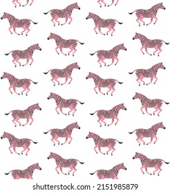 Vector seamless pattern of pink hand drawn flat running zebra isolated on white background