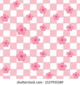 Patrón vectorial sin fisuras de boceto rosa dibujado a mano doodle de textura de tablero de ajedrez a cuadros con flores aisladas en fondo blanco