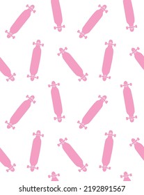 Vector seamless pattern of pink hand drawn longboard skateboard silhouette isolated on white background