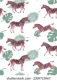 Vector seamless pattern of pink hand drawn flat zebra and palm leaves isolated on white background
