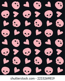 Vector seamless pattern of pink hand drawn flat skull and hearts isolated on black background