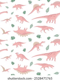 Vector seamless pattern of pink hand drawn flat dinosaur isolated on white background