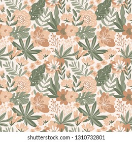 Vector seamless pattern with pink hand-drawn flowers on white background. Romantic design for natural cosmetics, perfume, women products. Can be used as greeting card or wedding background