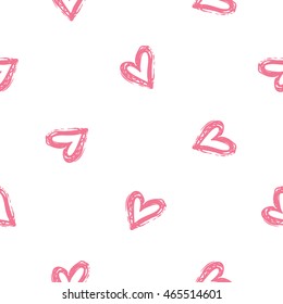 Vector seamless pattern with pink heart. Beautiful background for party, greeting paper card or banner. Hand drawn fashion sketch style. Objects on white backdrop.