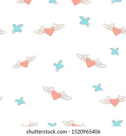 Vector seamless pattern - pink hearts with wings and doves in line style. Can used for valentines day or wedding background