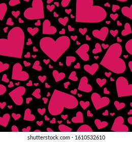 Vector seamless pattern with pink hearts on a black background for print, fabric, wrapping paper.