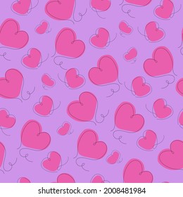 Vector seamless pattern with pink hearts drawn in a single line on a purple pastel background. Suitable for wrapping paper for gifts for Valentine's Day, wedding celebration, printing on fabrics.