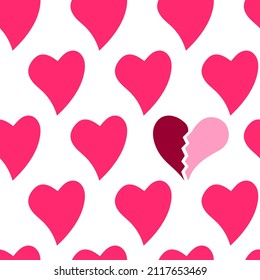 Vector seamless pattern with pink hearts and one broken heart. Stand out from the crowd, individuality.