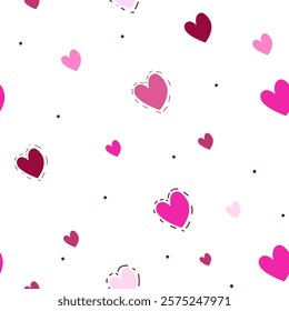 Vector seamless pattern with pink hearts on a white background for Valentine’s Day. Love, emotions, happiness, joy. For textiles, gift wrap, packaging, banner, blog, greeting card, design, app, decor.