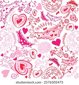 Vector seamless pattern with pink hearts, pants, flowers  for Valentine’s Day. Love, emotions, happiness, joy, fun, feelings. For textiles, gift wrap, packaging, banner, blog, card, social media, web