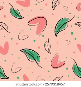 Vector seamless pattern with pink hearts and green leaves in doodle style.
