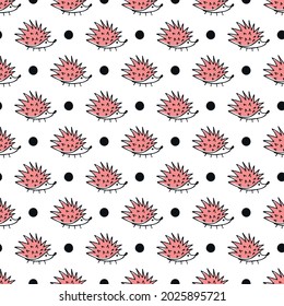Vector seamless pattern with pink hedgehogs and dots on white background. Hand-drawn cute doodle illustration.