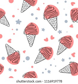 Vector seamless pattern with pink ice cream. Hand drawn ice cream seamless pattern.