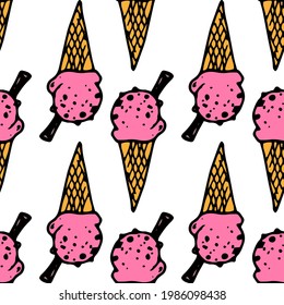 vector seamless pattern of pink ice cream in a waffle yellow cone with a straw on top and a sprinkle texture with dots geometrically arranged, hand-drawn in a doodle style on a white background for a