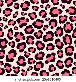 Vector seamless pattern of pink leopard fur print. Animalistic flat style design for wallpaper, paper, textile and fabric. Modern fashion design with hand drawn spots.