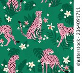 Vector seamless pattern with pink leopards, flowers, and tropical leaves. Trendy style.