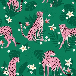 Vector Seamless Pattern With Pink Leopards, Flowers, And Tropical Leaves. Trendy Style.