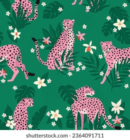Vector seamless pattern with pink leopards, flowers, and tropical leaves. Trendy style.