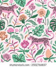 Vector seamless pattern with pink leopards, flowers and tropical leaves. Trendy animal repeated design. Jungle print. Wild cat and flowers.