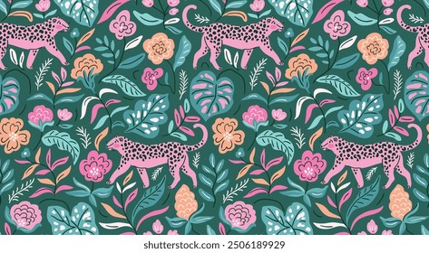 Vector seamless pattern with pink leopards, flowers and tropical leaves. Trendy animal repeated design. Jungle print. Wild cat and flowers.