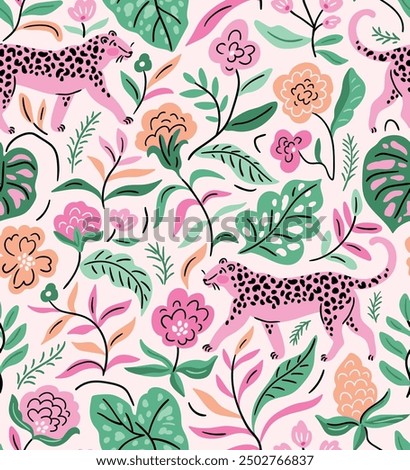 Vector seamless pattern with pink leopards, flowers and tropical leaves. Trendy animal repeated design. Jungle print. Wild cat and flowers.