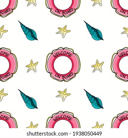 Patrón vectorial sin fisuras con boya de vida rosa, concha azul, estrellas amarillas del mar sobre fondo blanco. Accesorios de verano