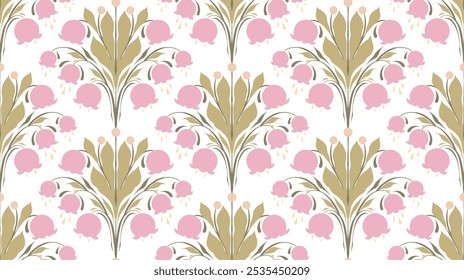 Vector seamless pattern with pink lilies of the valley. Texture with decorative silhouette of floral arrangement on a white background. Surface design with spring flowers for wallpaper and fabric