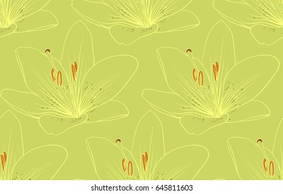 Vector seamless pattern pink lilies on green background
