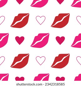 Vector seamless pattern with pink lips and hearts in cartoon style. Valentine day background with kisses and hearts