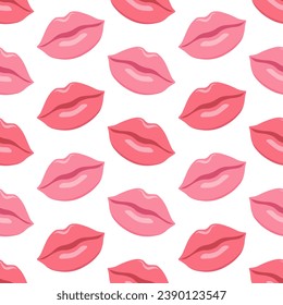 Vector seamless pattern with pink lips isolated on white background. Romantic design for Valentine's Day.