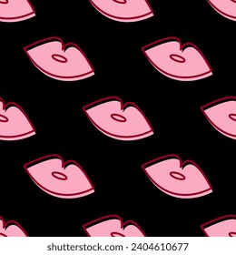 Vector seamless pattern with pink lips red outline on black background 