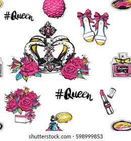 Vector seamless pattern with pink lipstick, french perfume, queen hashtag, luxury queen crown, bride shoes, bouquet of roses, blush. Fashion illustration, patches, stickers. Hand sketched background.