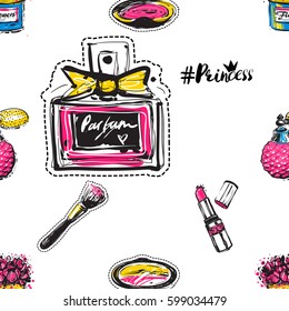 Vector seamless pattern with pink lipstick, bow, french perfume, princess hashtag, makeup brush, blush, flower box. Fashion illustration, patches, stickers. Hand sketched background in vogue style.