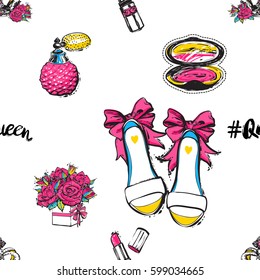 Vector seamless pattern with pink lipstick, french perfume, queen hashtag, luxury queen crown, bride shoes, bouquet of roses, blush. Fashion illustration, patches, stickers. Hand sketched background.