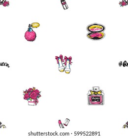 Vector seamless pattern with pink lipstick, french perfume, queen hashtag, luxury queen crown, bride shoes, bouquet of roses, blush. Fashion illustration, patches, stickers. Hand sketched background.
