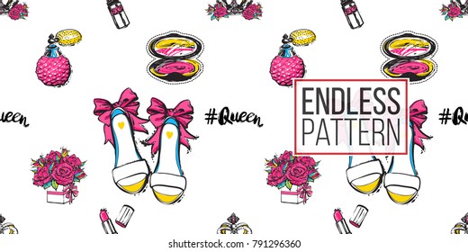 Vector seamless pattern with pink lipstick, french perfume, queen hashtag, luxury queen crown, bride shoes, bouquet of roses, blush. Fashion illustration, patches, stickers. Hand drawn background.