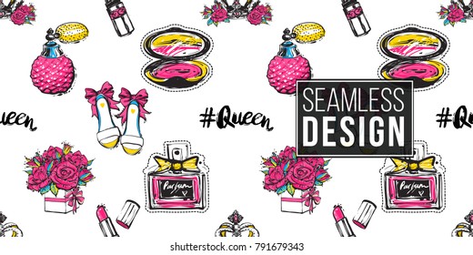 Vector seamless pattern with pink lipstick, french perfume, queen hashtag, luxury queen crown, bride shoes, bouquet of roses, blush. Fashion illustration, patches, stickers. Hand drawn background.