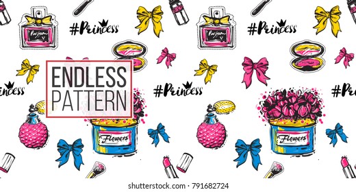 Vector seamless pattern with pink lipstick, bow, french perfume, princess hashtag, makeup brush, blush, flower box. Fashion illustration, patches, stickers. Hand drawn background in vogue style.