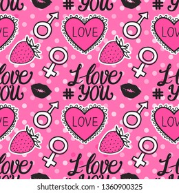 Vector seamless pattern pink love with symbol male and female. Hand drawn elements isolated on polka dots background