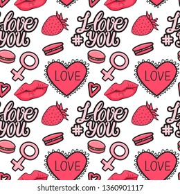 Vector seamless pattern pink love with symbol male and female. Hand drawn elements isolated on white background