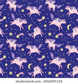 Vector seamless pattern of pink magical unicorns on the starry sky. Hand drawn illustration of an unicorns, a constellation, and crescent moon on dark blue background