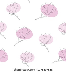 Patrón vectorial sin fisuras con magnolias rosas. Flores delineadas, fondo blanco