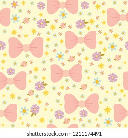 vector seamless pattern with pink manti and flowers, pastel colors, romantic texture for children