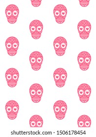 Vector seamless pattern of pink Mexican sugar skull isolated on white background. Day of the dead illustration