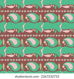 Vector seamless pattern with pink, mint green and yellow geometrical shapes on a retro inspired red background. For wallpaper, home decor, fabric, scrapbooking.