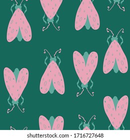 Vector seamless pattern with pink moths on green background