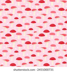 Vector seamless pattern of pink mushrooms on a pink background. Ideal for children's drawings, textiles, wrapping paper, scrapbooking.