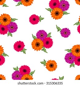 Vector seamless pattern with pink, orange and purple gerbera flowers on a white background.