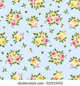 Vector seamless pattern with pink, orange and yellow English roses on a blue background.